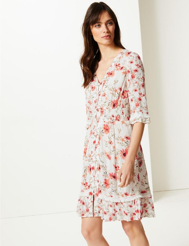 Marks & Spencer Floral Print 3/4 Sleeve Fit & Flare Dress Ivory Mix