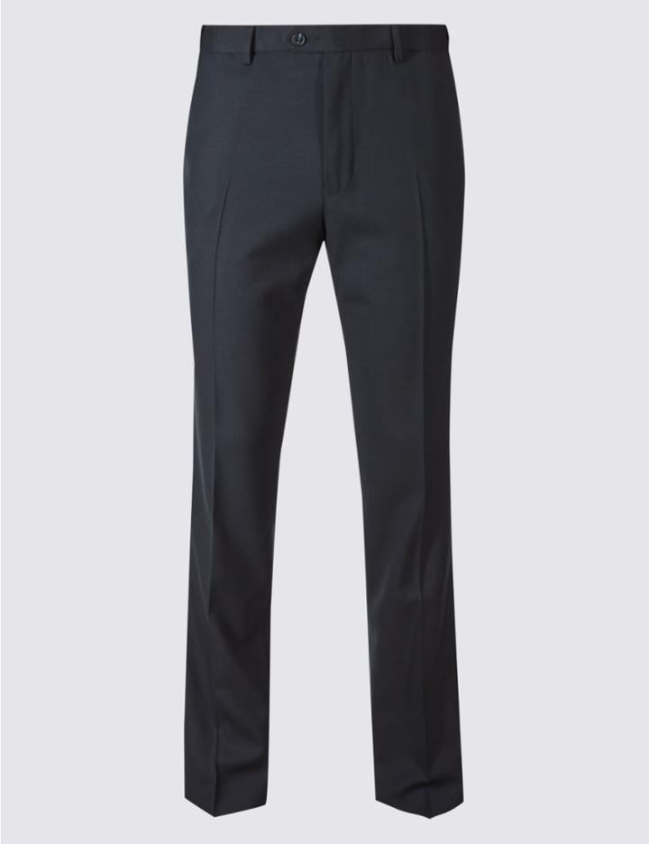 Marks & Spencer Slim Fit Wool Blend Flat Front Trousers Navy