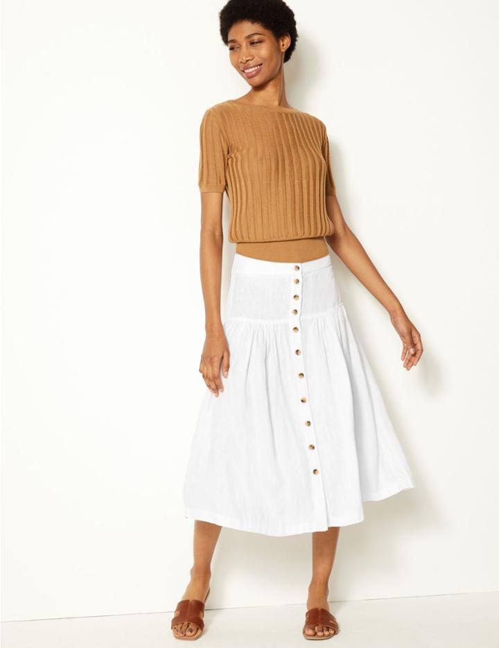 Marks & Spencer Pure Linen Midi Fit & Flare Skirt White Mix