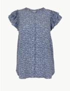 Marks & Spencer Pure Silk Printed Ruffle Sleeve Blouse Navy Mix