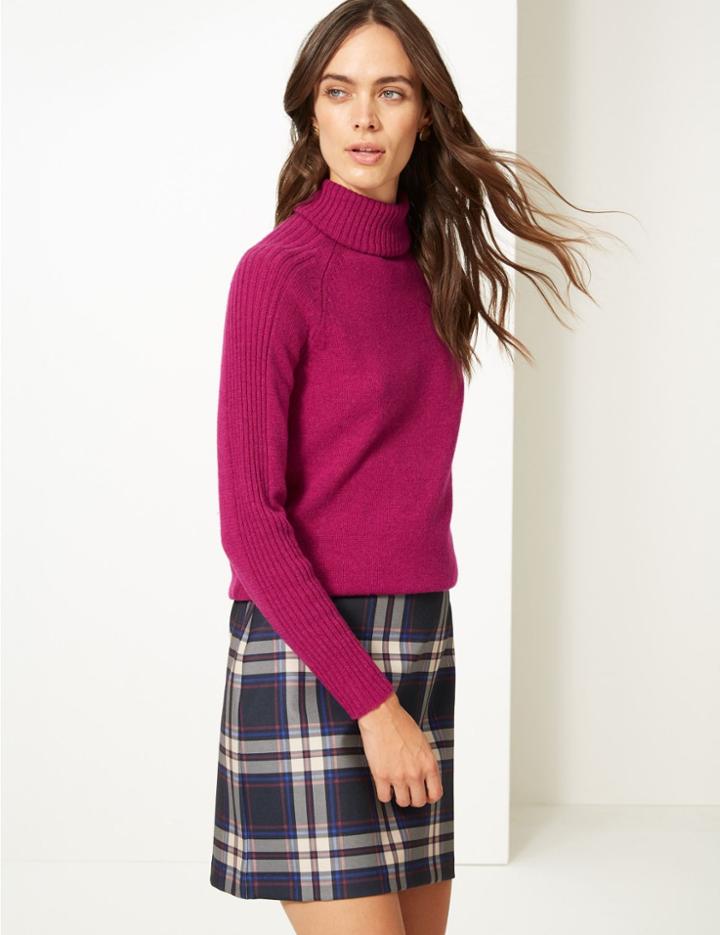 Marks & Spencer Lambswool Rich Textured Roll Neck Jumper Magenta