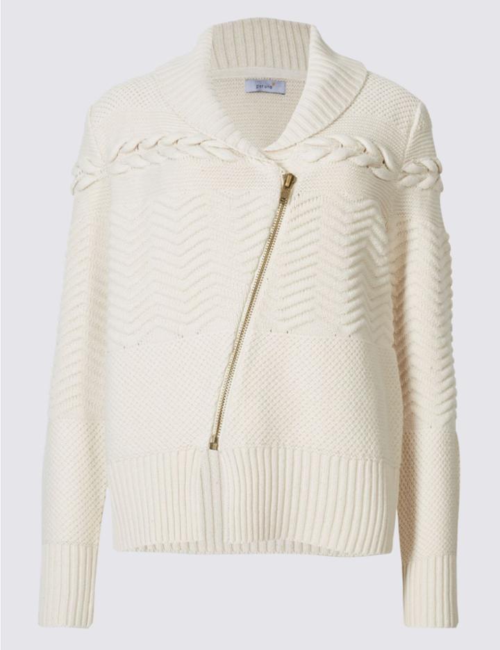 Marks & Spencer Collared Neck Cable Knitted Cardigan Oatmeal