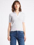 Marks & Spencer Cotton Rich Striped Short Sleeve Polo Shirt Ivory