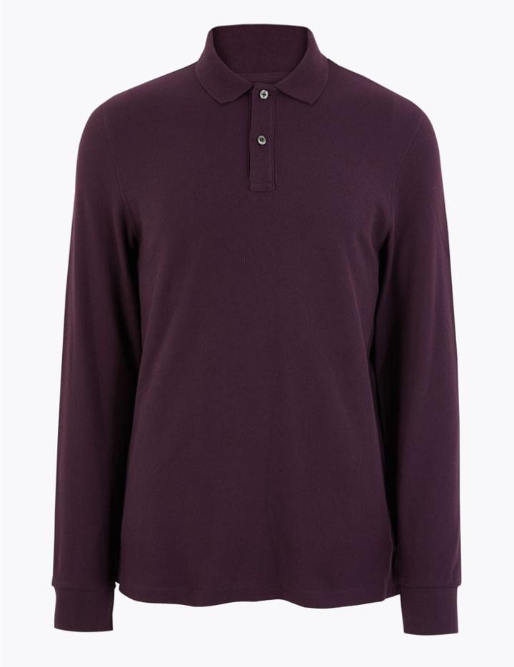 Marks & Spencer Cotton Long Sleeve Polo Shirt Deep Purple