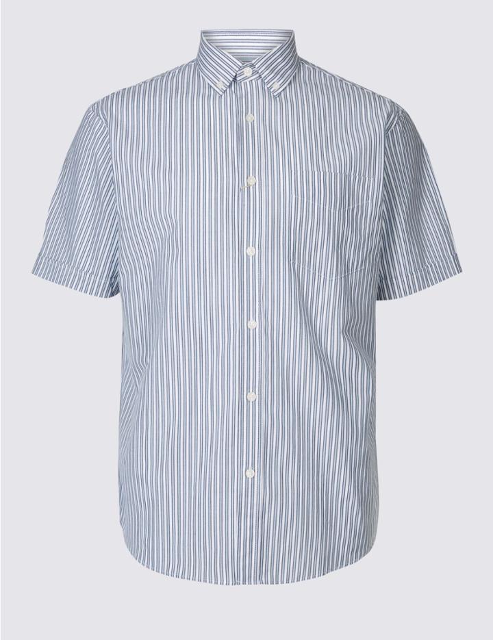 Marks & Spencer Pure Cotton Striped Shirt With Pocket Ice Blue