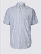 Marks & Spencer Pure Cotton Striped Shirt With Pocket Ice Blue