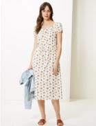 Marks & Spencer Pure Cotton Floral Waisted Midi Dress Ivory Mix