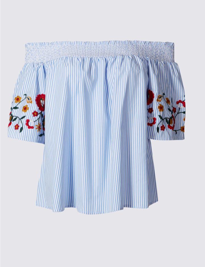 Marks & Spencer Petite Striped Short Sleeve Bardot Blouse Blue Mix