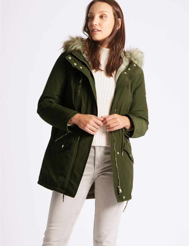 Marks & Spencer Cotton Blend Faux Fur Parka Khaki