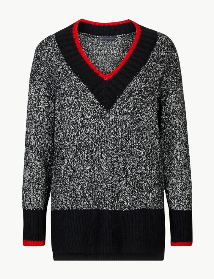 Marks & Spencer Textured V-neck Jumper Navy Mix