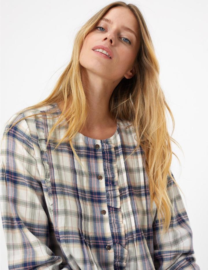 Marks & Spencer Cotton Rich Pintuck Checked Pioneer Blouse Ivory Mix