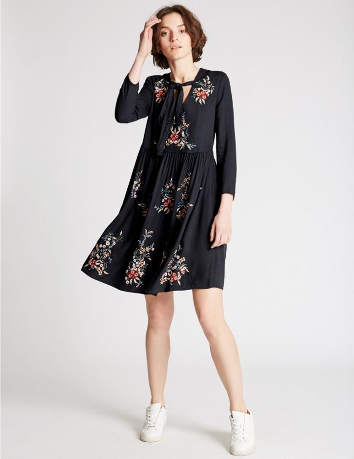 Marks & Spencer Embroidered Long Sleeve Skater Dress Navy Mix