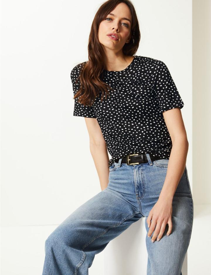 Marks & Spencer Polka Dot Mercerised Round Neck T-shirt Black Mix