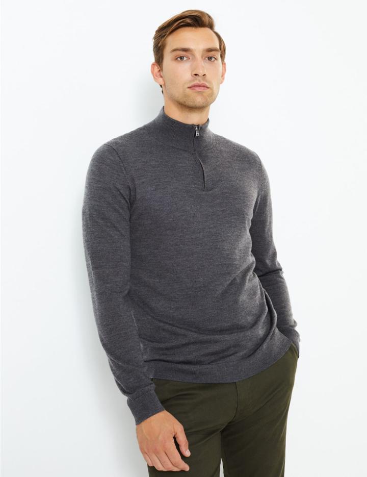 Marks & Spencer Merino Wool Half Zip Funnel Neck Jumper Dark Grey