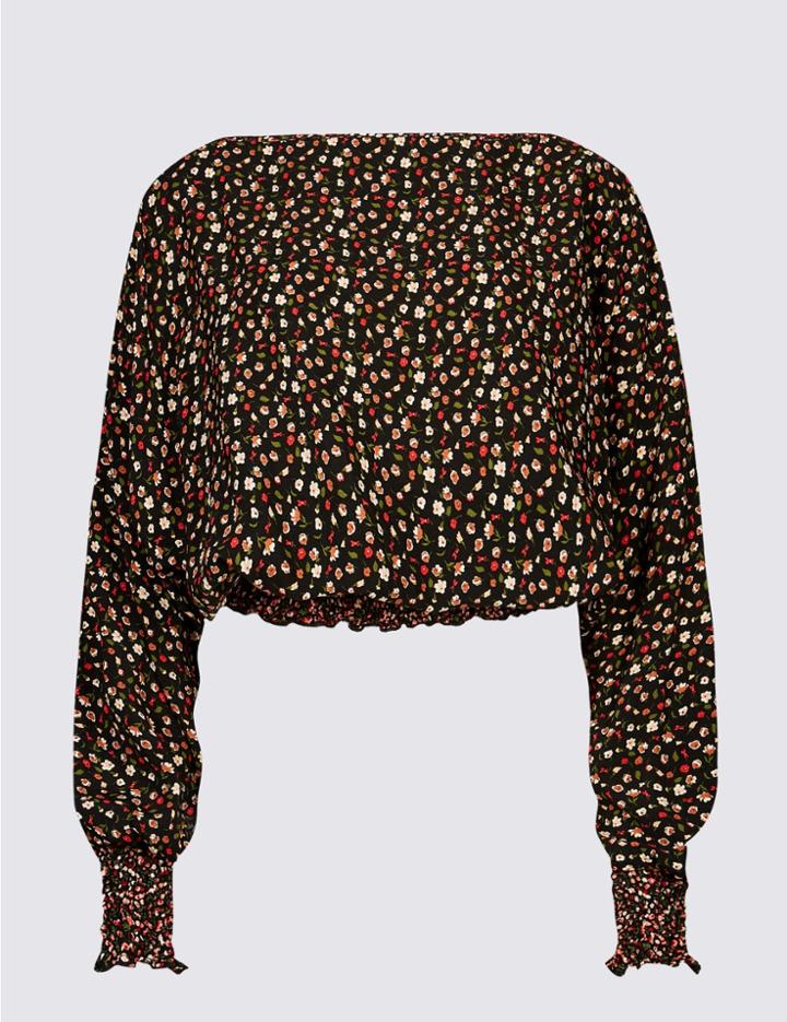 Marks & Spencer Floral Print Slash Neck Long Sleeve Blouse Black Mix