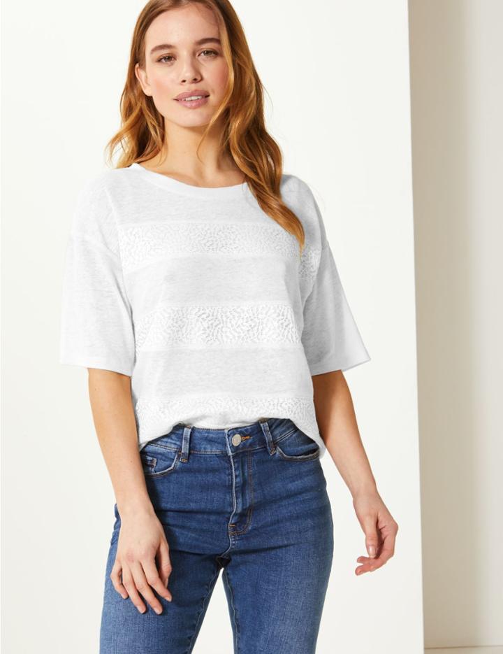 Marks & Spencer Petite Linen Blend Lace T-shirt Soft White