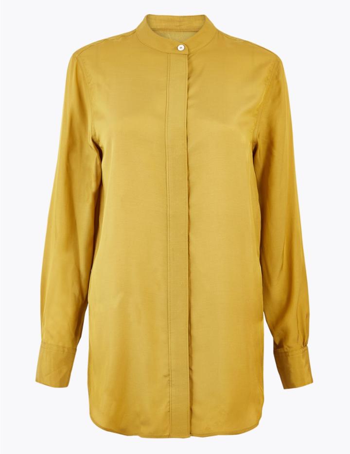 Marks & Spencer Mandarin Collar Longline Relaxed Fit Blouse Hay