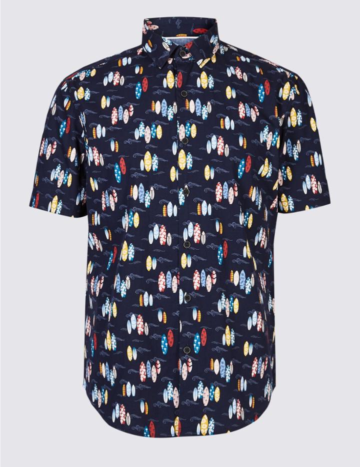 Marks & Spencer Pure Cotton Slim Fit Surfboard Design Shirt Navy