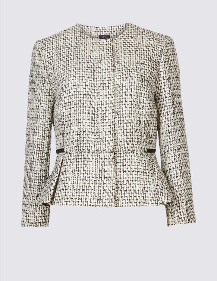 Marks & Spencer Cotton Blend Textured Peplum Jacket White Mix