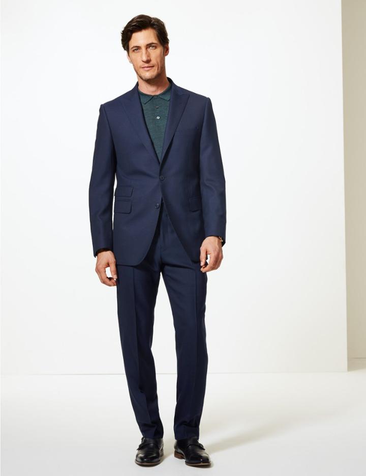 Marks & Spencer Blue Textured Tailored Fit Wool Trousers Blue