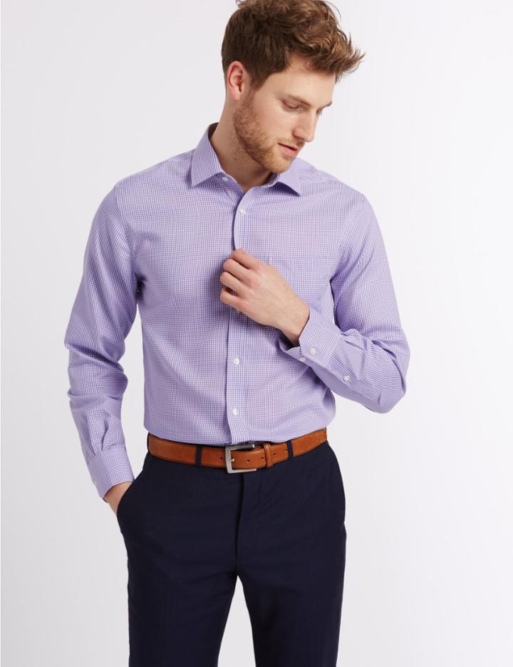 Marks & Spencer Pure Cotton Tailored Fit Shirt With Pocket Lilac Mix