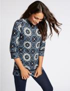 Marks & Spencer Mosaic Print Round Neck 3/4 Sleeve Tunic Blue Mix
