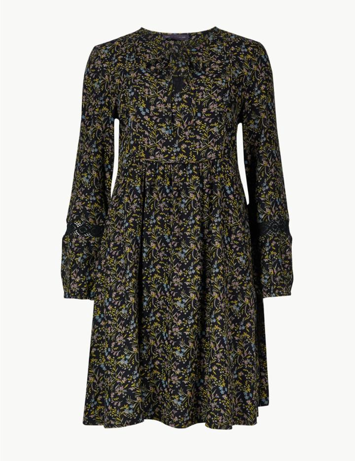 Marks & Spencer Petite Floral Print Long Sleeve Skater Dress Navy Mix