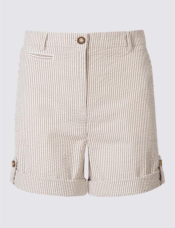 Marks & Spencer Pure Cotton Striped Casual Shorts Neutral