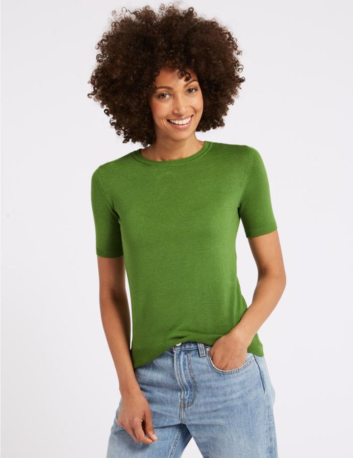 Marks & Spencer Round Neck Short Sleeve Jumper Grass