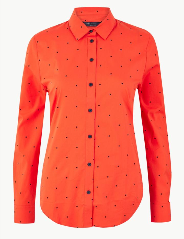 Marks & Spencer Cotton Rich Polka Dot Shirt Orange Mix