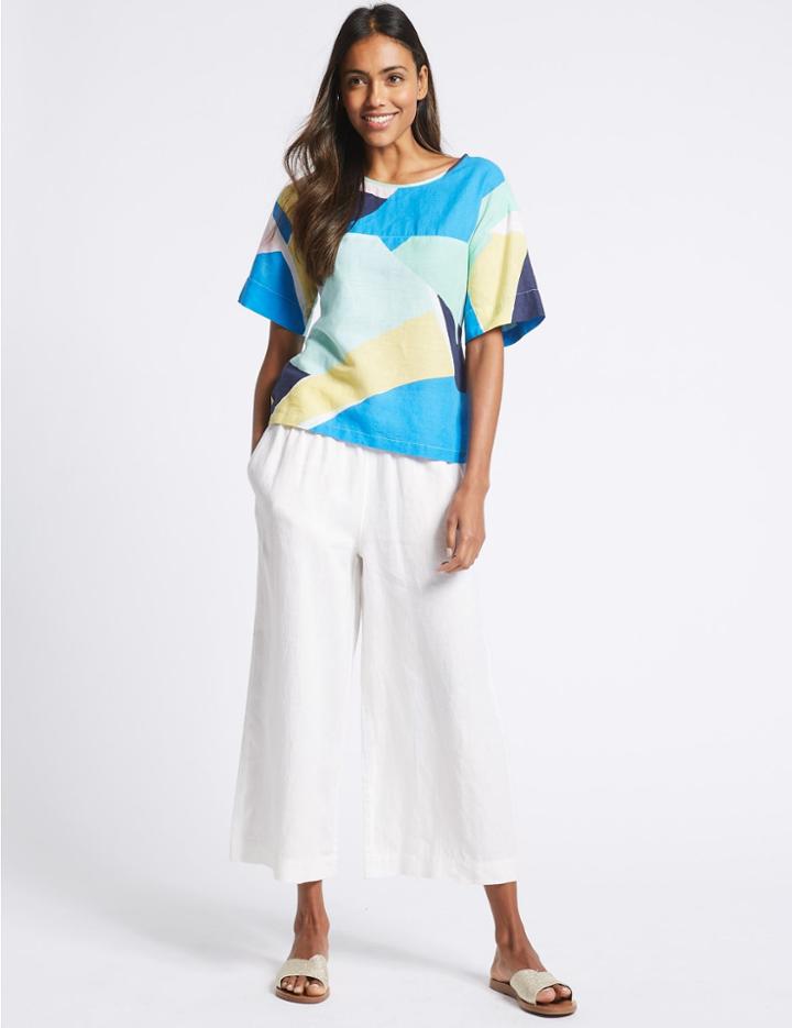Marks & Spencer Pure Linen Cropped Wide Leg Trousers Soft White