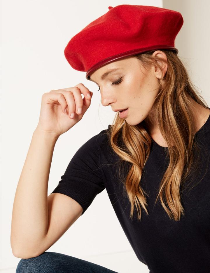 Marks & Spencer Pure Wool Trim Felt Beret Cranberry