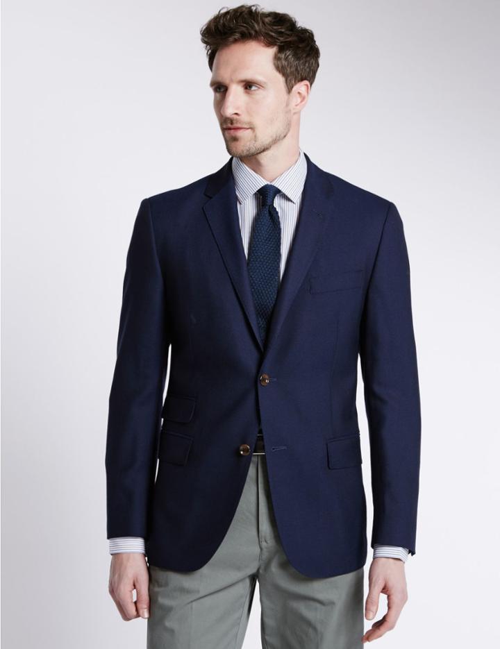 Marks & Spencer Pure New Wool Tailored Fit 2 Button Blazer Navy