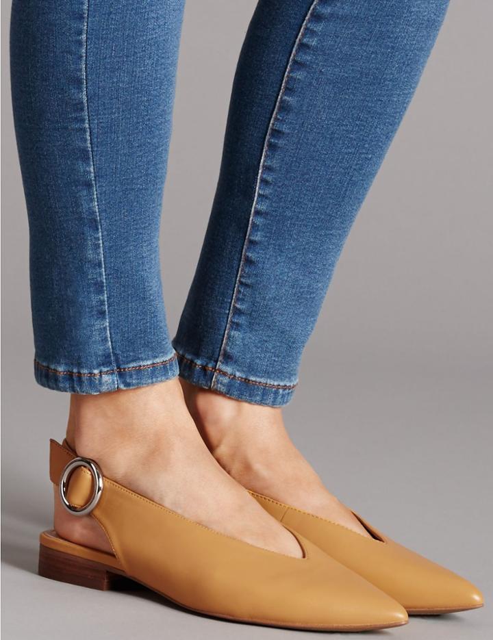 Marks & Spencer Leather Block Heel Slingback Flats Ochre