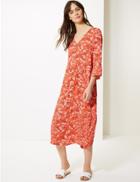Marks & Spencer Floral Print Long Sleeve Relaxed Midi Dress Orange Mix
