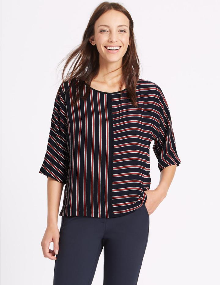 Marks & Spencer Kimono Striped 3/4 Sleeve Shell Top Navy Mix
