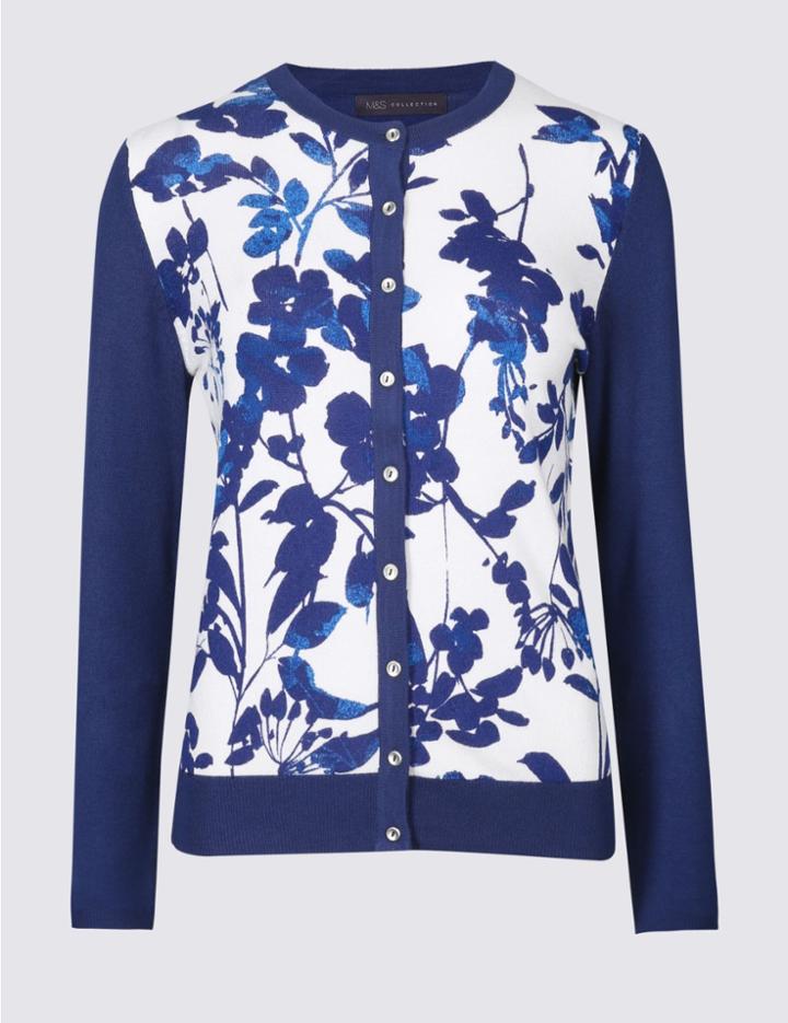 Marks & Spencer Floral Print Round Neck Cardigan Blue Mix