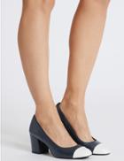 Marks & Spencer Wide Fit Leather Block Heel Court Shoes Navy Mix