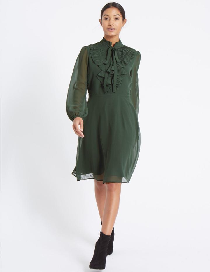 Marks & Spencer Mesh Ruffle Bubble Sleeve Tea Dress Green