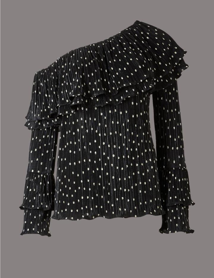 Marks & Spencer Spotted One Shoulder Long Sleeve Blouse Black Mix