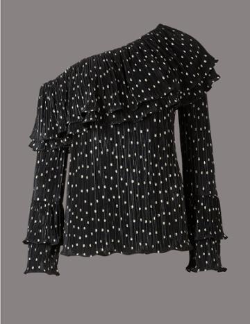 Marks & Spencer Spotted One Shoulder Long Sleeve Blouse Black Mix