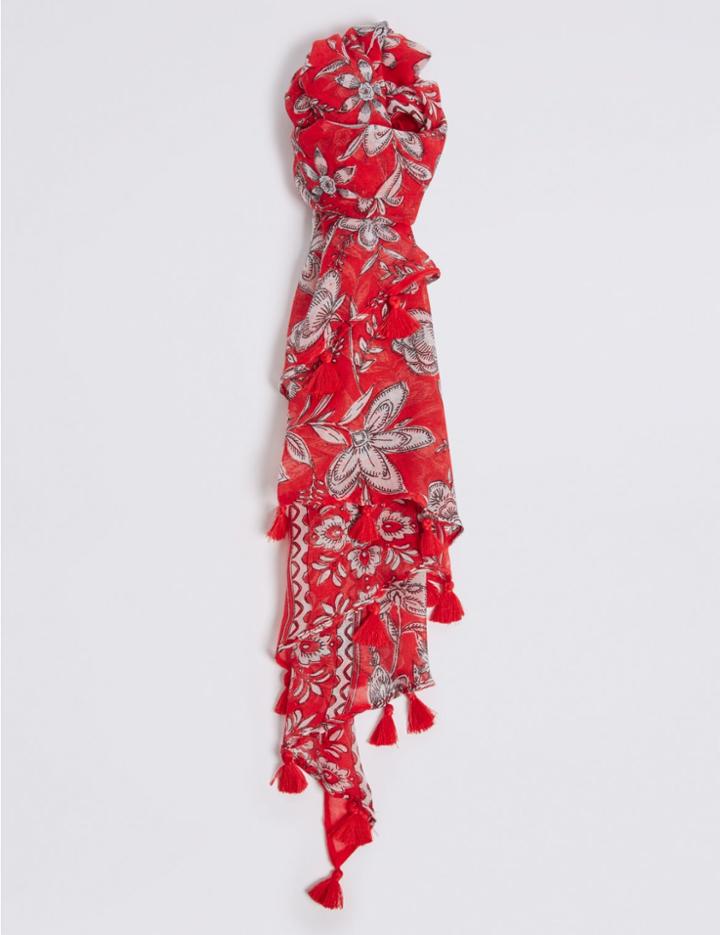 Marks & Spencer Floral Print Tassel Scarf Red