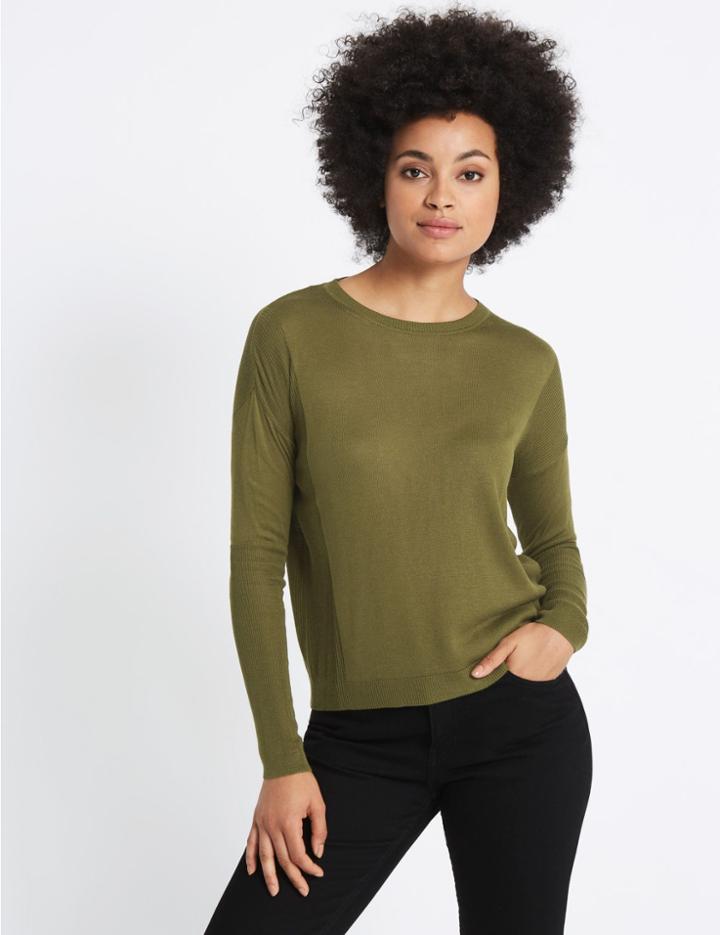 Marks & Spencer Round Neck Ribbed Sleeve Jumper Khaki