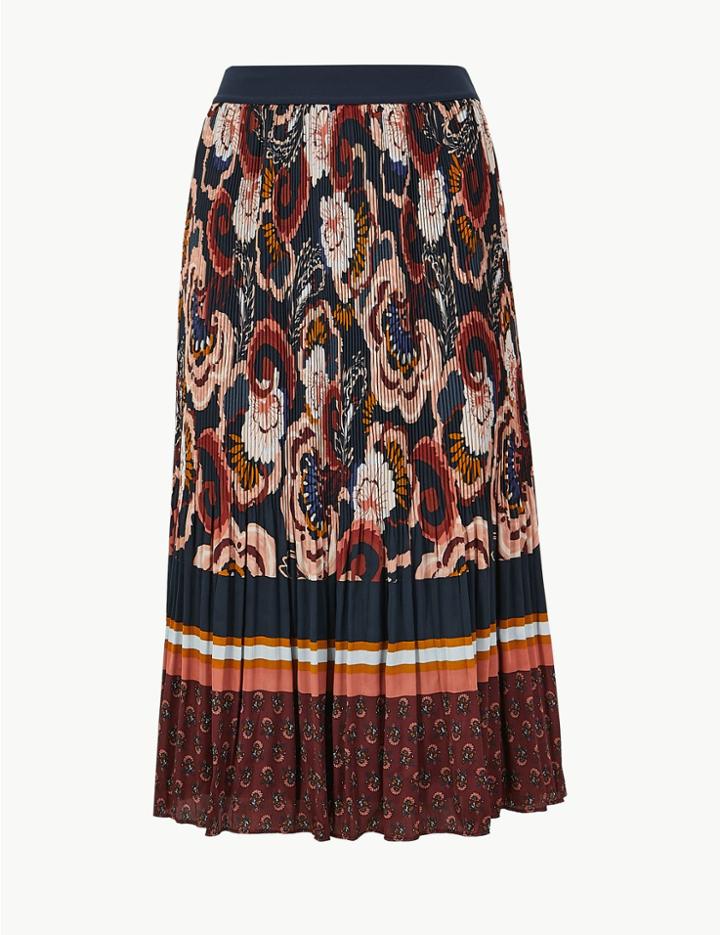 Marks & Spencer Floral Stripe Pleated Midi Skirt Cream Mix