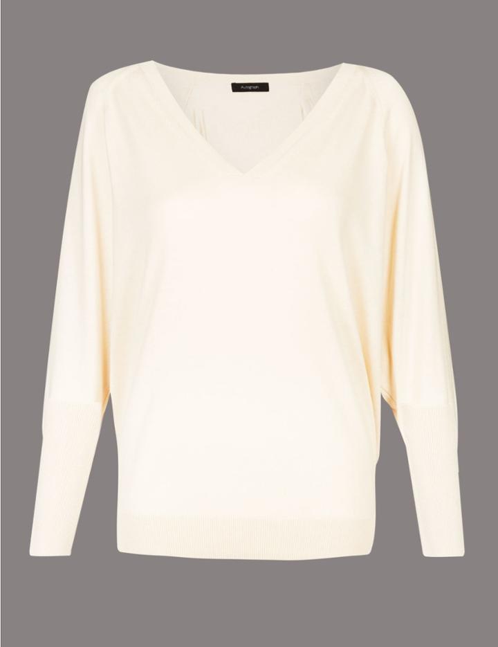Marks & Spencer Silk Rich V-neck Long Sleeve Jumper Champagne