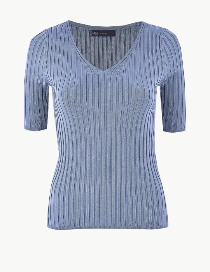 Marks & Spencer Ribbed V-neck Short Sleeve Knitted Top Medium Blue