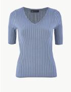 Marks & Spencer Ribbed V-neck Short Sleeve Knitted Top Medium Blue