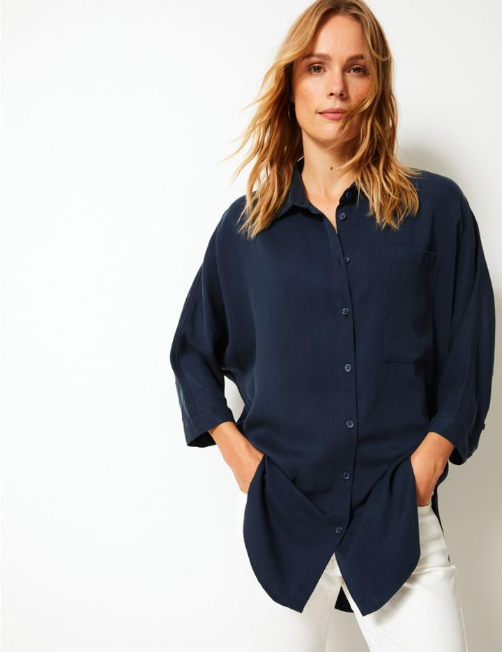 Marks & Spencer Relaxed 3/4 Sleeve Shirt Navy