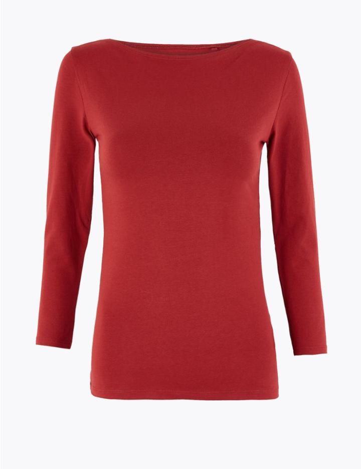 Marks & Spencer Cotton Rich Slash Neck Fitted T-shirt Deep Red