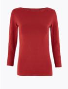Marks & Spencer Cotton Rich Slash Neck Fitted T-shirt Deep Red